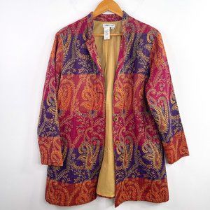 Coldwater Creek Women Rust Purple Paisley Lined Button Coat Duster Boho Size PXL